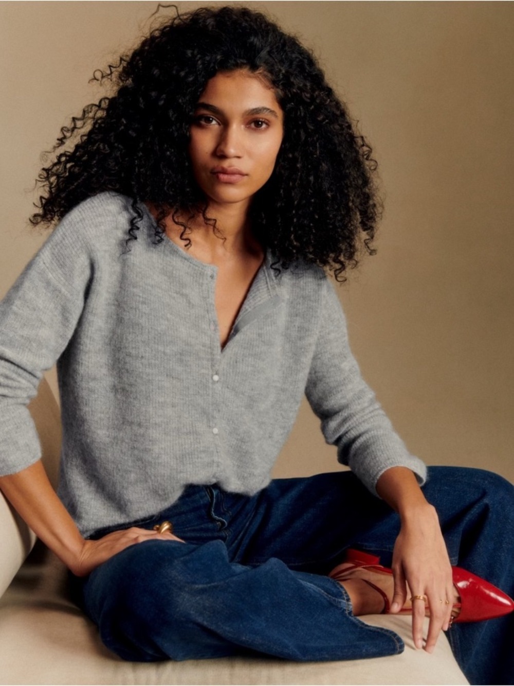 Sézane Gaspard Mohair Alpaca Cardigan in Mottled Grey - Small
